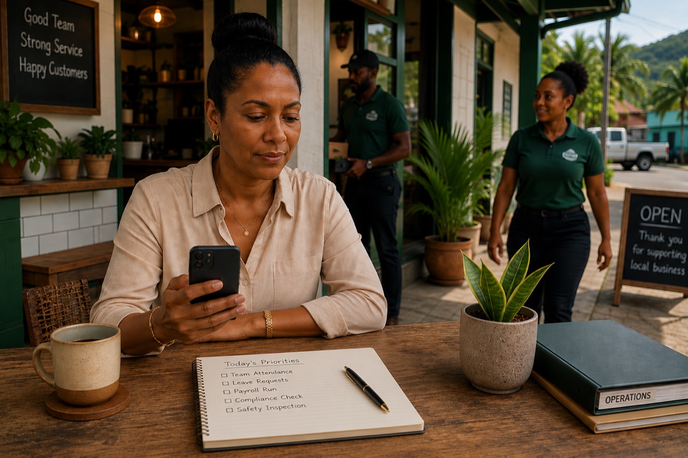 A Saint Lucia business owner reviewing her daily operations checklist